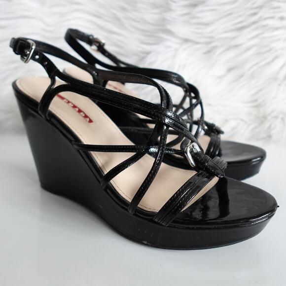 Prada Black Patent Leather Strappy Buckled Wedge Sandals - Picture 2 of 16